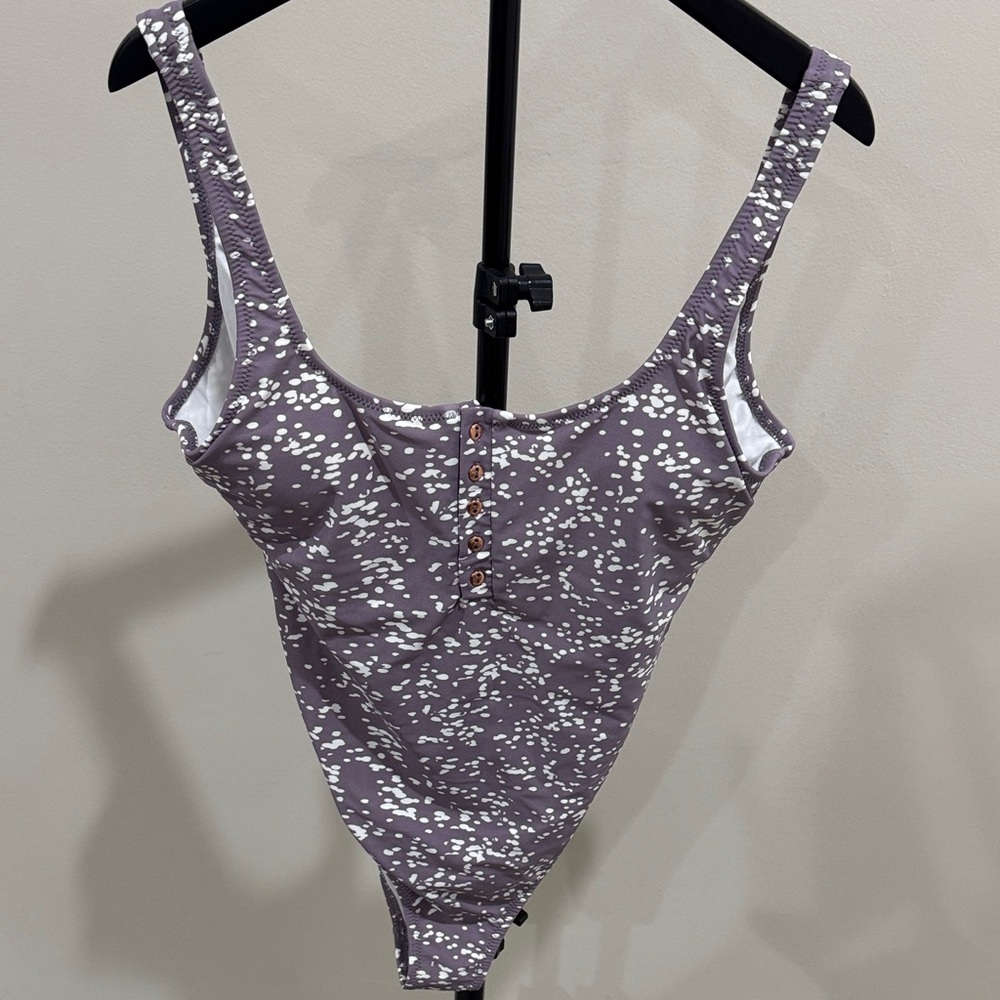 Women’s Scoop Neck Purple Printed swim suit - Picture 2 of 4